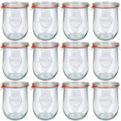 12er Set 1.050 ml WECK-Tulpengläser Einmachgläser mit Deckeln, Ringen & Klammern