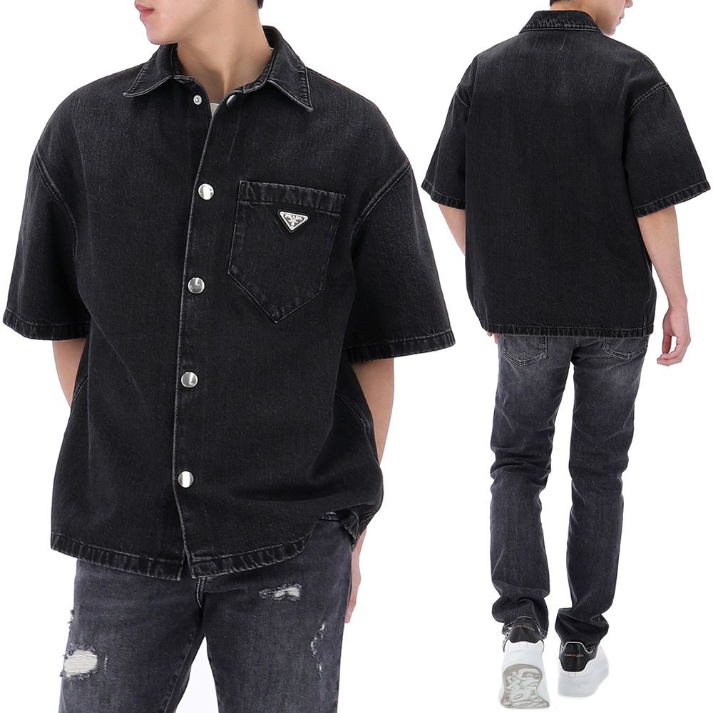 Prada Triangle Logo Pocket Denim Short Sleeve Shirt GEC067 Prada Triangle Logo Pocket Denim Short Sleeve Shirt GEC067