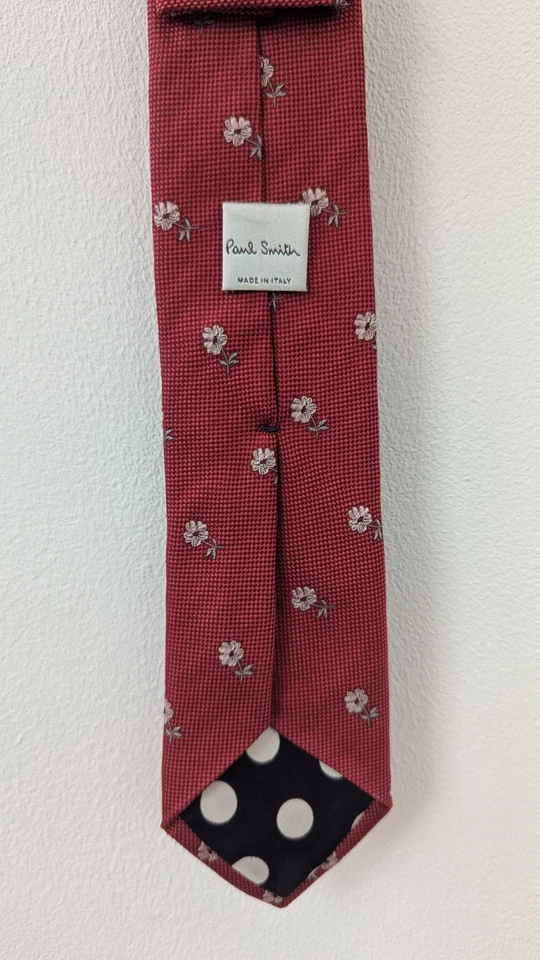 Paul Smith Burgundy Floral Silk Tie – Made in Italy – Polka Dot Lining - Image 2 of 4
