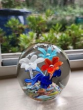Paperweight Art Glass Large Orange Blue White Trumpet Flowers Controled Bubbles