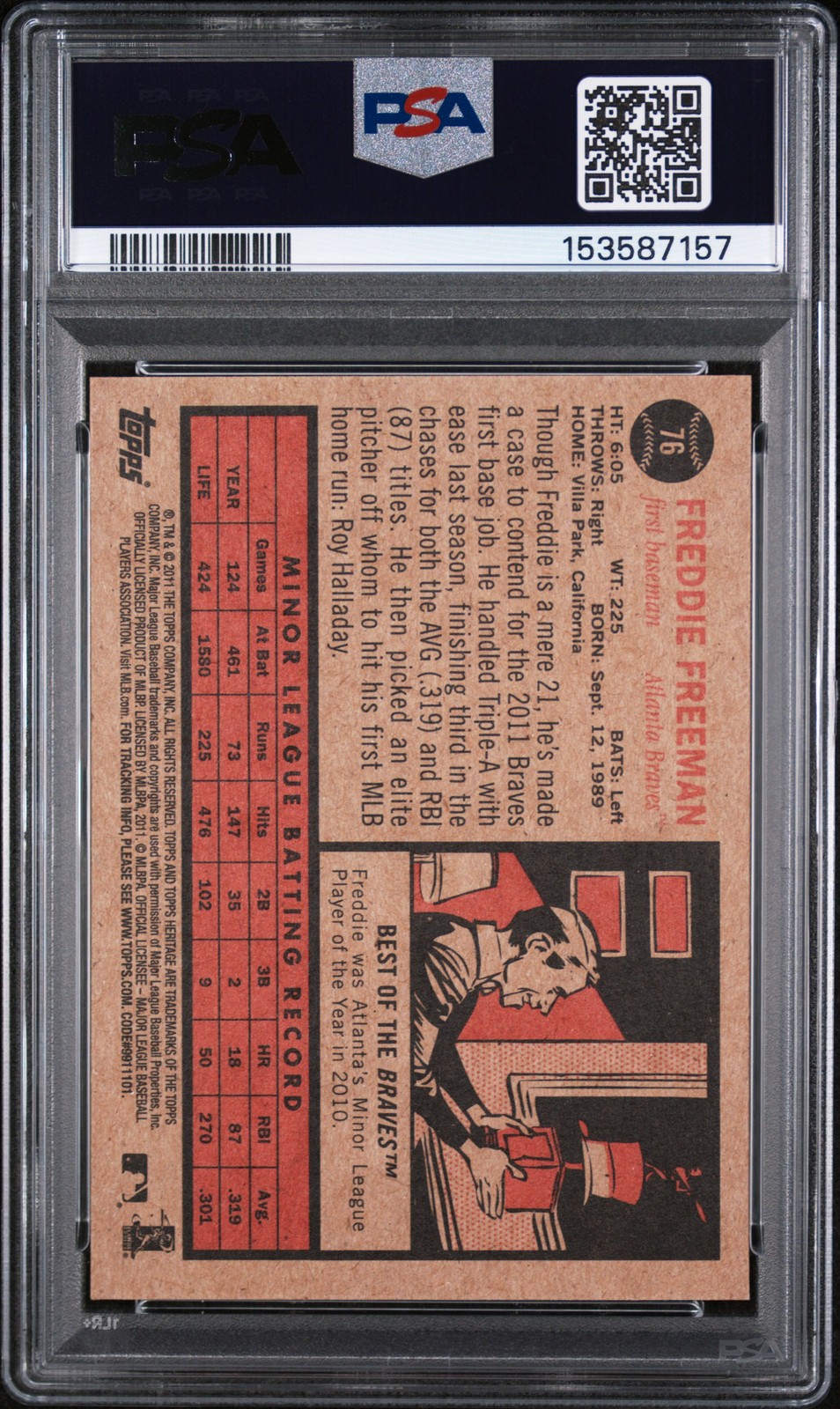 2011 TOPPS HERITAGE #76 FREDDIE FREEMAN ROOKIE RC PSA 9 view 2