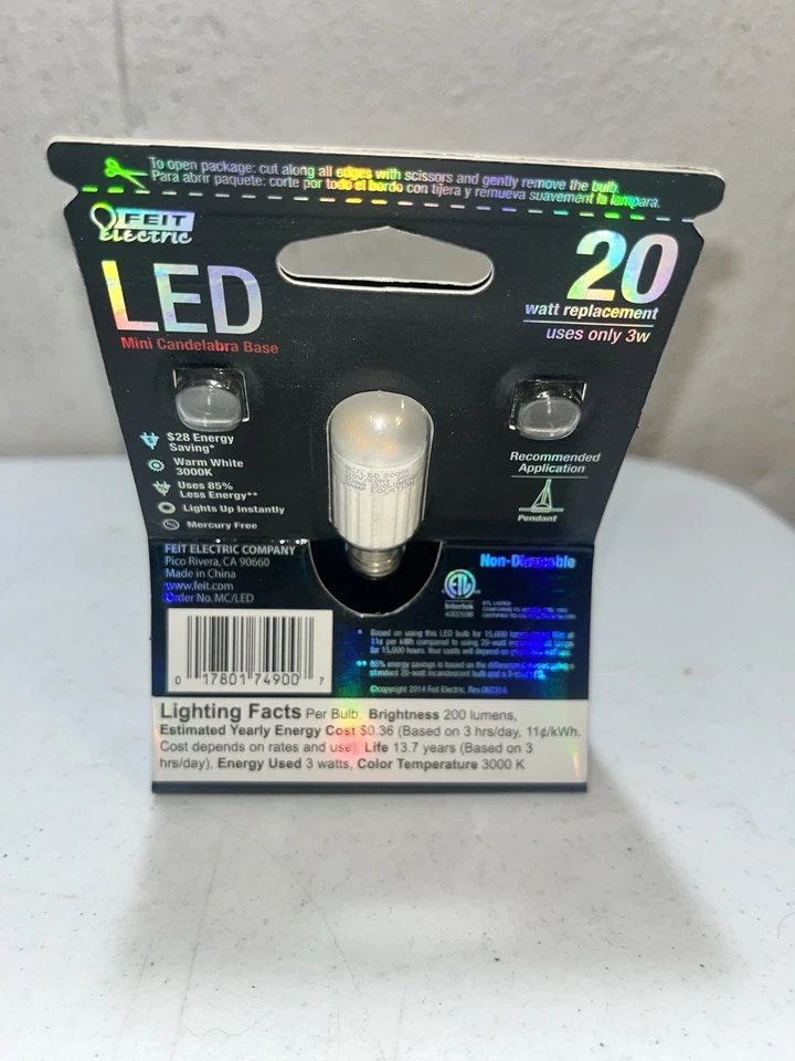 Feit Electric LED Mini Candelabra Base E11 20 Watt Replacement 200 Lumens Bulb - Image 2 of 2