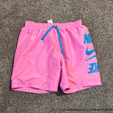 Nike Men's M Regular Pink/Blue Solid Logo Swim Shorts Elastic Waist Drawstring