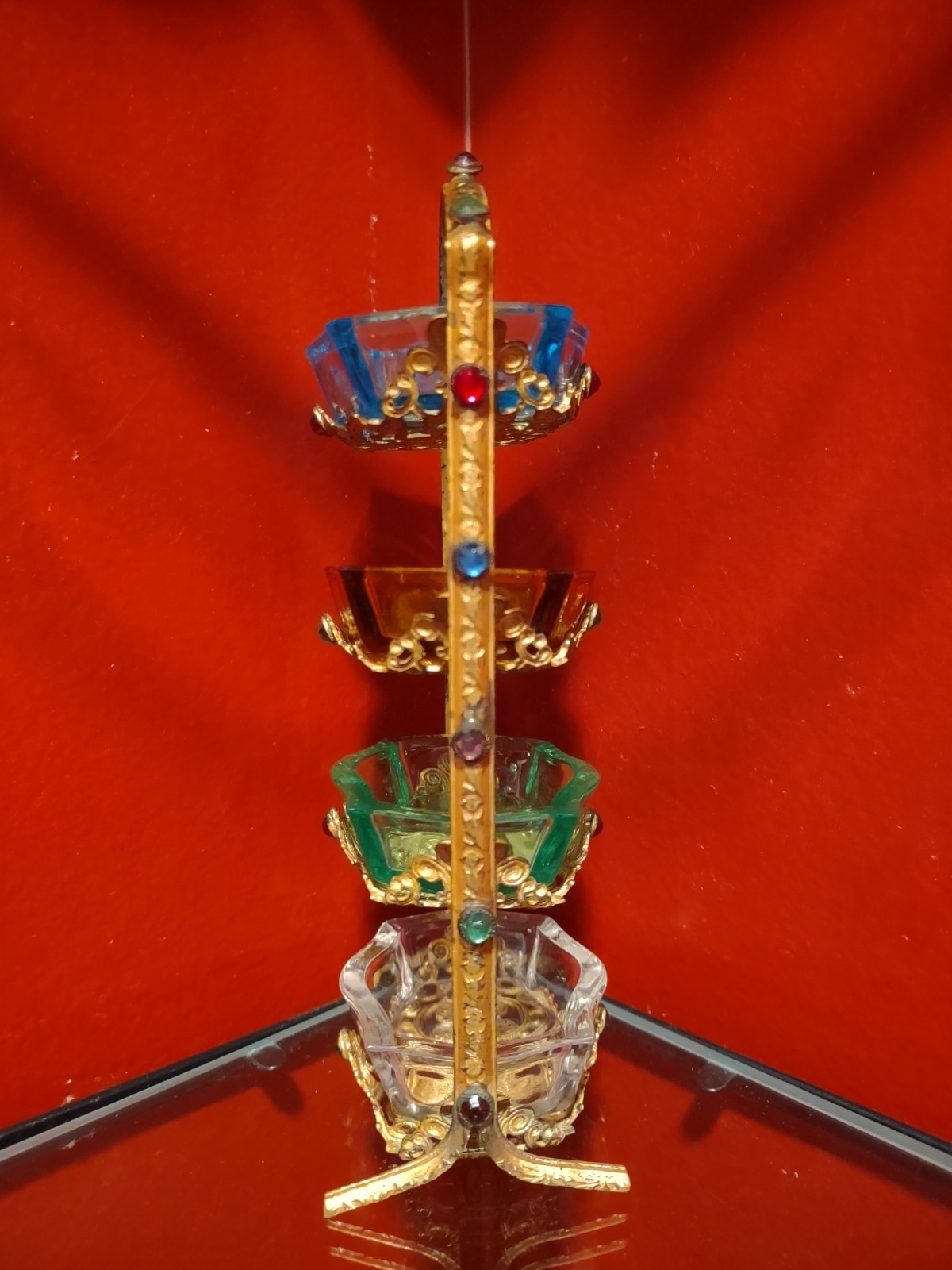 Czech Glass Jeweled Filigree Open Salt Cellar 4 Tiers Blue Amber Clear Green 