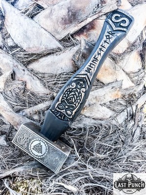 15'' Handmade Viking Forging Hammer Engraved Wood Handle With Sheath
