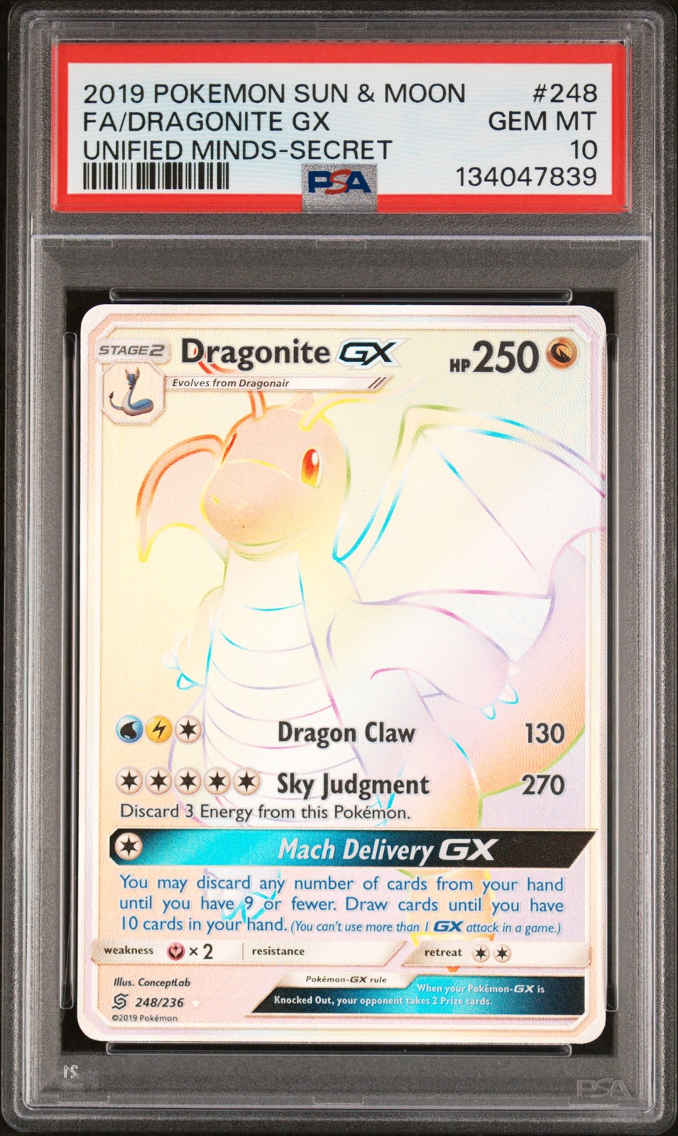 2019 POKEMON SUN & MOON UNIFIED MINDS SECRET #248 FULL ART/DRAGONITE GX PSA 10