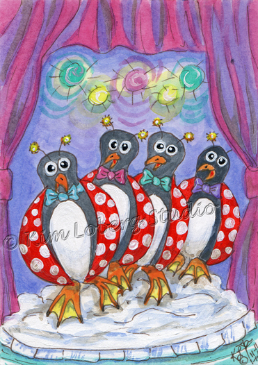 ACEO Original Penguin Lady Bugs sing choir Kim Loberg Fantasy Tiny Art Sea Birds