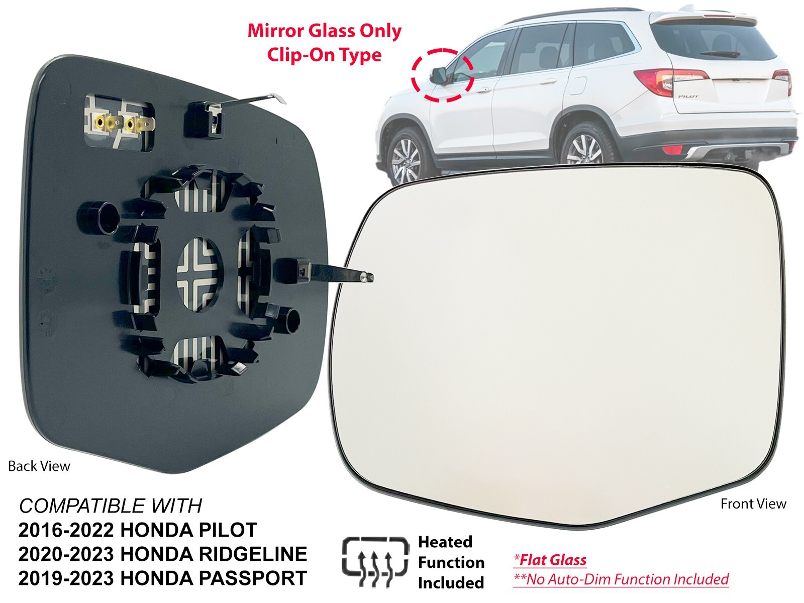 For Power Heated Mirror Glass Fits HONDA PILOT RIDGELINE PASSPORT Driver Side