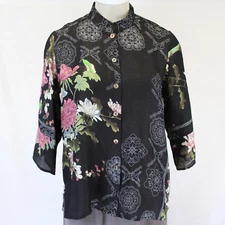 Citron Plus Clothing Black Watercolor Peonies Blossom Silk Blend Blouse 3X