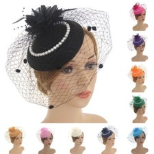 Women Pillbox Hat Fascinators 20s 50s Vintage Pearl Veil Bridal Wedding Cocktail