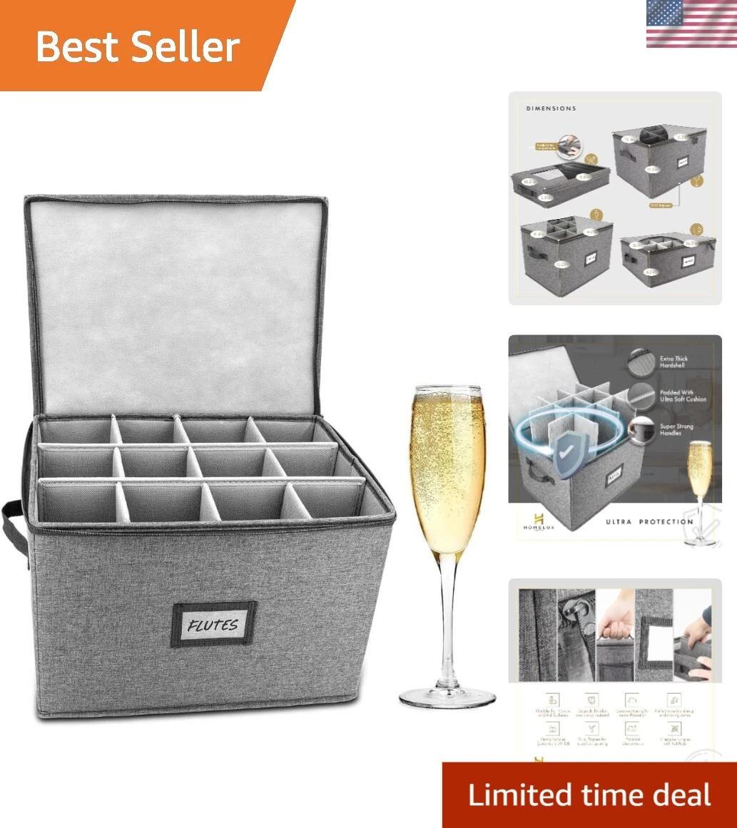 Divided Champagne Flute Storage Organizer with Hardshell Top - Compact & Strong