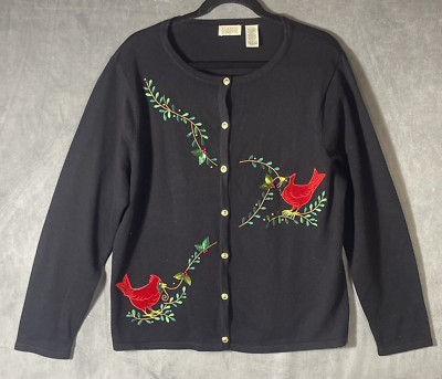 Classic Elements Womens Christmas Sweater Cardinals Black-Red-Green Sz XL