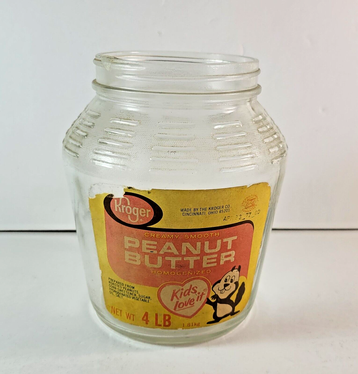 Vintage 1960's Kroger Peanut Butter Jar Glass Large 4LB Version