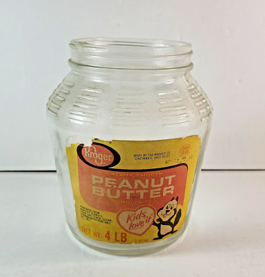 Vintage 1960's Kroger Peanut Butter Jar Glass Large 4LB Version ''Kids Love It''