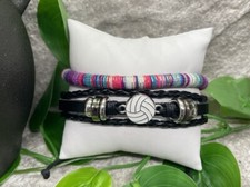 2 PC Volleyball Leather Bracelet Stackable Adjustable Tie New B2817