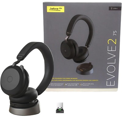 Jabra Evolve2 75 Wireless Headset Stereo UC w/Charging Headset Stand, USB Don...