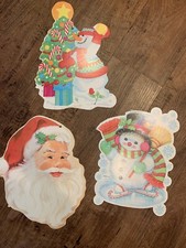 Vintage Christmas Santa Face and 2 Snowman Cardboard Die Cut Cutout 1970s