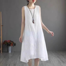 Lady Solid Cotton Blend Tank Dress Strappy Sleeveless Midi Summer Loose Cosy New