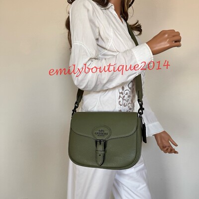 NWT Coach CP107 Amelia Saddle Bag Military Green Soft Pebble