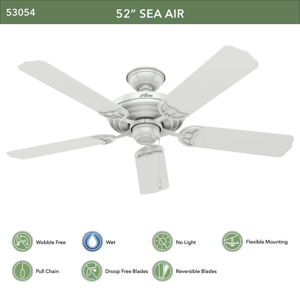 52" Indoor Outdoor Stainless Steel Classic Ceiling Fan White Plastic Blades - Image 4 of 4