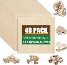 48 Pack Basswood Sheets 1/8x12x12 Inch, Unfinished Wood for Crafts, 3mm Basswood