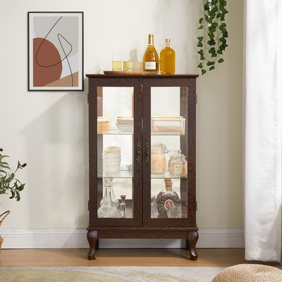 #ad #ad 2 Doors Curio Cabinet W Tempered Glass Doors Mirrored Back Panel Lighted $272.00
