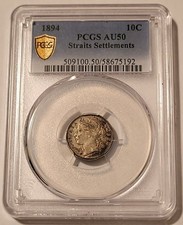 Straits Settlements (Malaysia) Victoria 1894 Silver 10 Cents AU50 GSH Toned