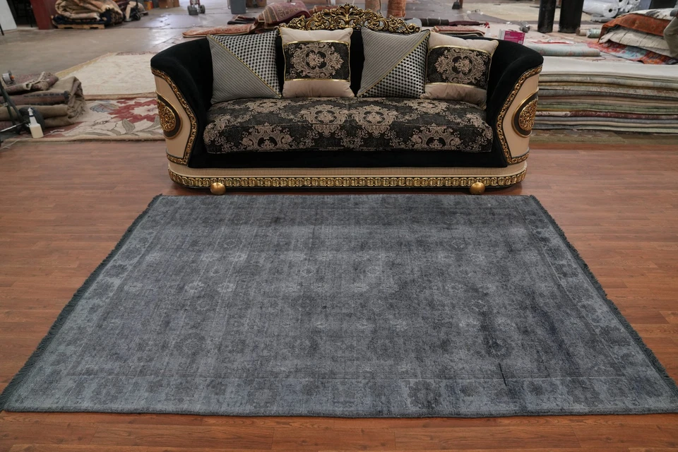 Handmade Transitional Gray / Blue Silk Carpet Oushak Style Area Rug 6x8 Ft - Image 3 of 4