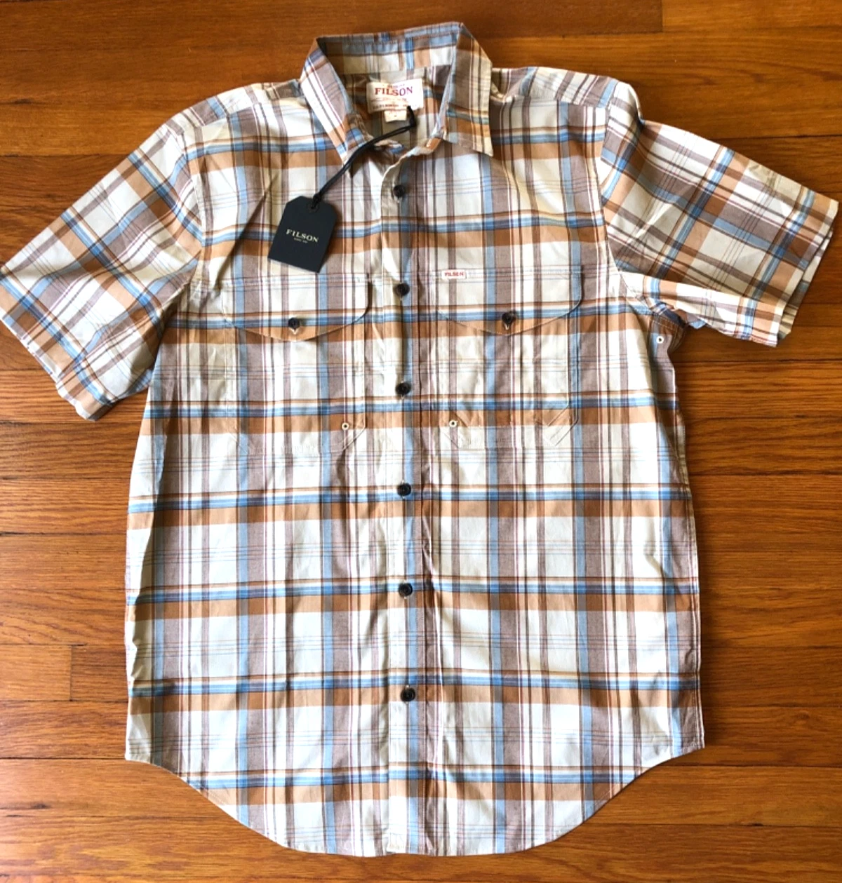 Filson Twin Lakes Short Sleeve Sport Shirt Mens MED Beige/Rust Plaid Hike Camp