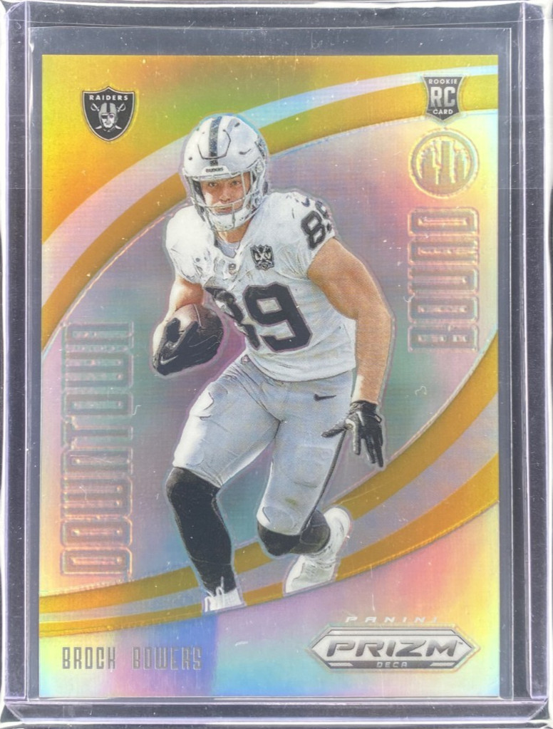 BROCK BOWERS 2024 PANINI PRIZM DECA FOOTBALL ROOKIE DOWNTOWN BOUND GOLD /10 RC