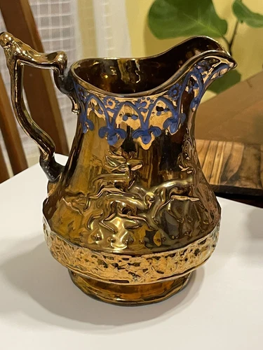 Staffordshire England Copper Lustre Stag & Deer Antique 7 1/2" Pitcher 1880s