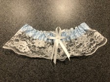BRIDE'S BABY BLUE SATIN  WHITE LACE ELASTIC GARTER WITH BOW, FAUX PEARL