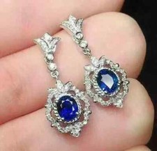3Ct Oval Cut Lab Created Sapphire Drop/Dangle Earrings 14K White Gold Plated