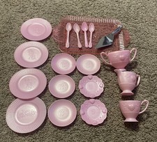 Vintage Barbie Pink Tea Set Playset With Tray Plates Cup Spoons 19 Pieces 1996