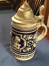 S.P. GERZ Cobalt Blue Salt Glazed Pewter Lid German Beer Stein Kids  7”