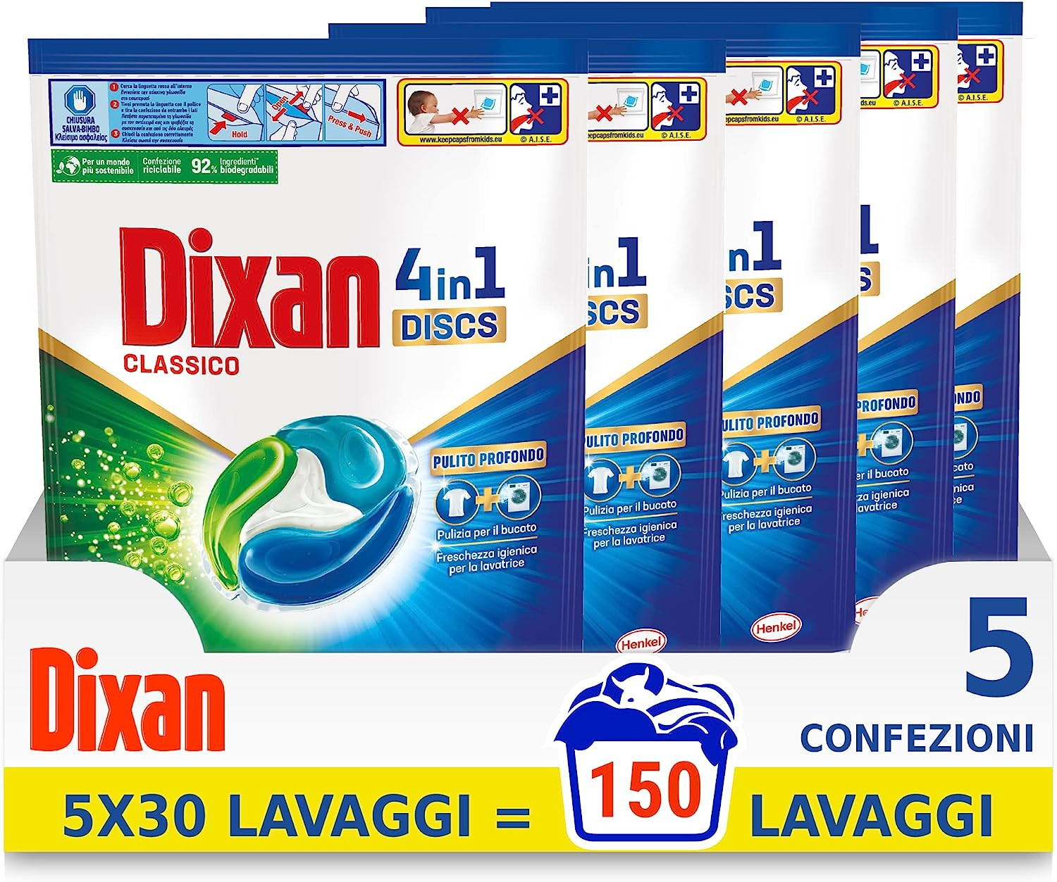 Discs Classico, Detersivo Lavatrice in Capsule, Confezione Da 5 X 30 Lavaggi