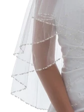 2T 2 Layer Pearl Crystal Silver Beaded Edge Veil For Bridal Shower Wedding Party