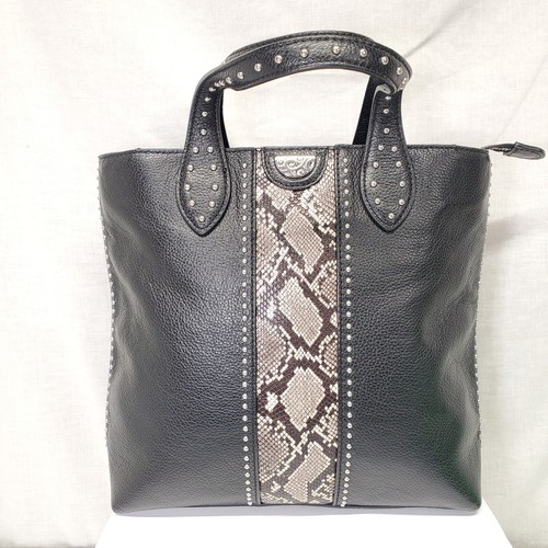 BRIGHTON PRETTY TOUGH BLACK JOHNNY TALL STUDDED HANDBAG TOTE SNAKESKIN PATTERN