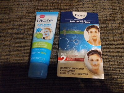 NEW BIORE BLUE AGAVE & BAKING SODA WHIPPED DETOX MASK 4 Ounce & 2 Step Pore Kit