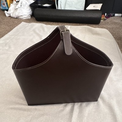 Vintage Crate & Barrel Brown Leather Magazine Basket Holder Buckle Handle Stitch
