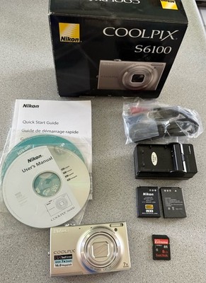 MINT Nikon COOLPIX S6100 Digital Camera W/ 2 Batteries, Charger, 8Gb Card, CD s