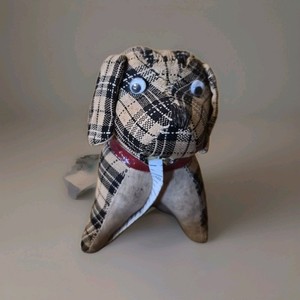 Vintage Dog Pin Cushion Measuring Tape Tongue Tan Plaid Sewing Japan