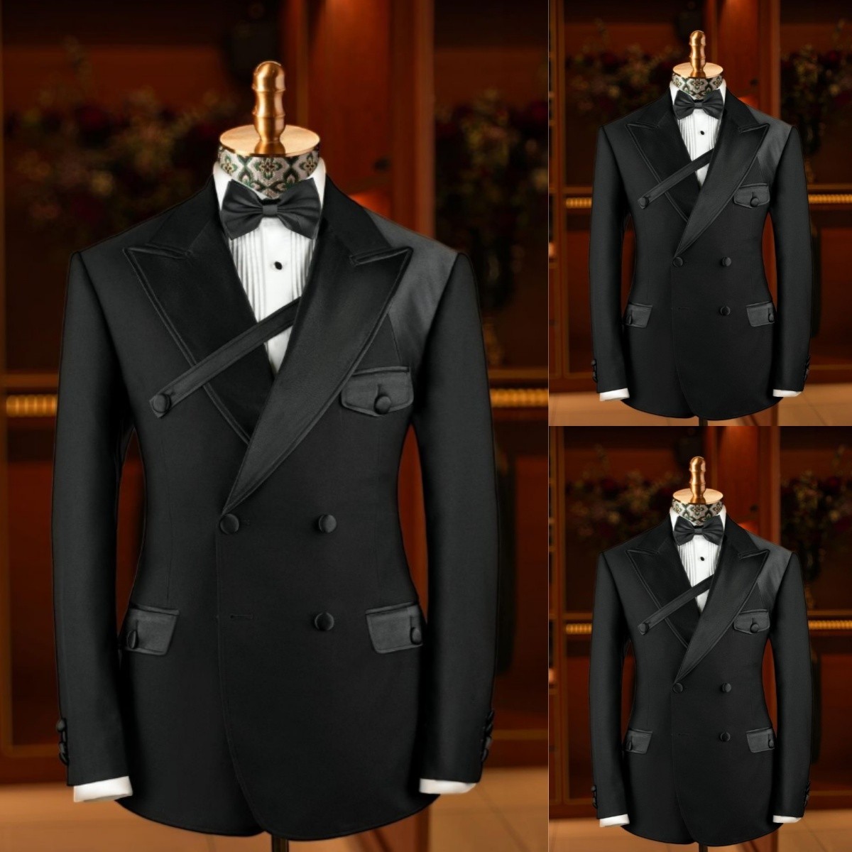 Black Mens Peak Lapel Double Breasted Wedding Tuxedo Suit