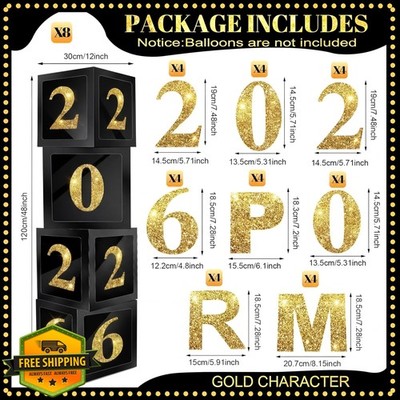 Sinmoe 8 Pcs Prom Decorations 2026, Balloon Boxes, Black Gold
