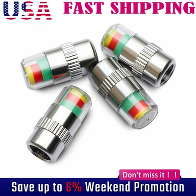 #ad 4Pcs Car Tire Valve Caps Pressure Monitor Sensor Indicator 3 Color Alert Wrench $6.41