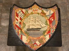 RARE Embroidered British VINTAGE ANTIQUE Woolie Ship Portrait Shield Framed