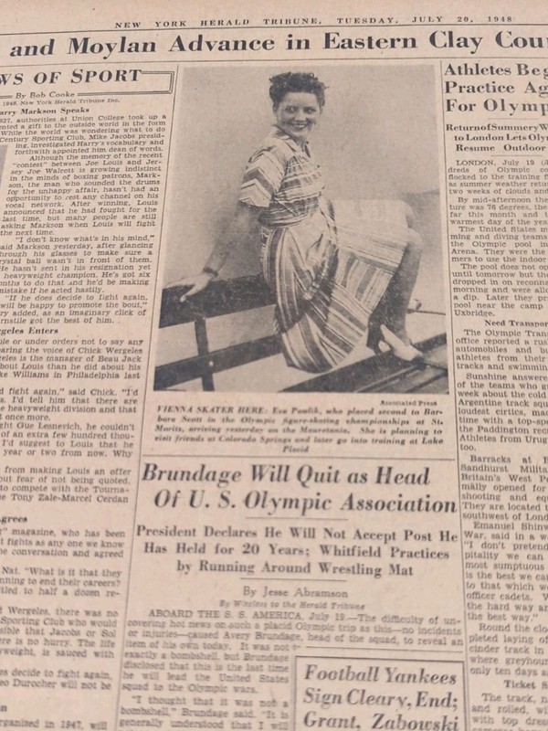 JULY 20, 1948 NEWSPAPER #2421- EVA PAWLIK, VIENNA- OLYMPICS FIGURE SKATER
