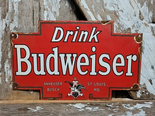VINTAGE BUDWEISER PORCELAIN SIGN OLD BEER BOTTLE BEVERAGE ALCOHOL BAR BUD LITE