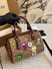 NEW COACH x PEANUTS Rowan Satchel Bag Signature in Canvas Snoopy Patch