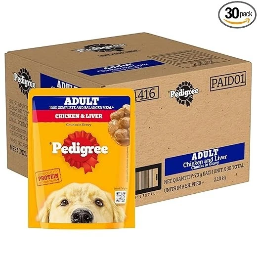 Pedigree Adult Wet Dog Food, Chicken & Liver Chunks in Gravy, 70 g (Pack of 30)